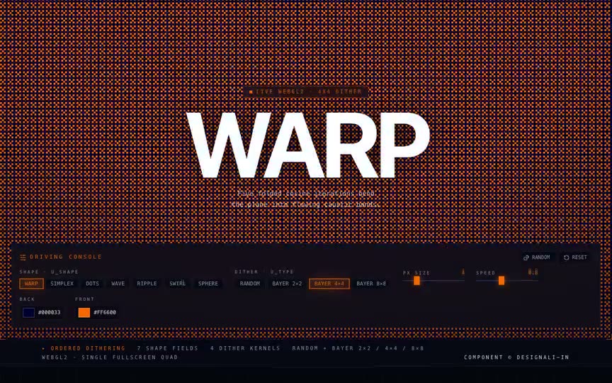 Frame from “Warp Dithering Shader: "DITHER LAB" integration of the verbatim `DitheringShader` WebGL2 comp” by @pulkitxm