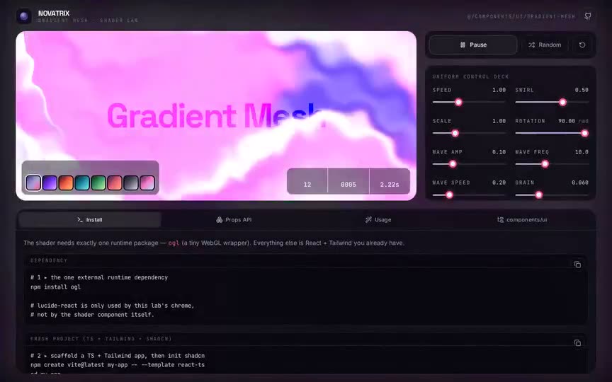 Frame from “Novatrix Gradient Mesh: shadcn/Tailwind v4/TypeScript integration of the prompt's `gradient-me” by @pulkitxm