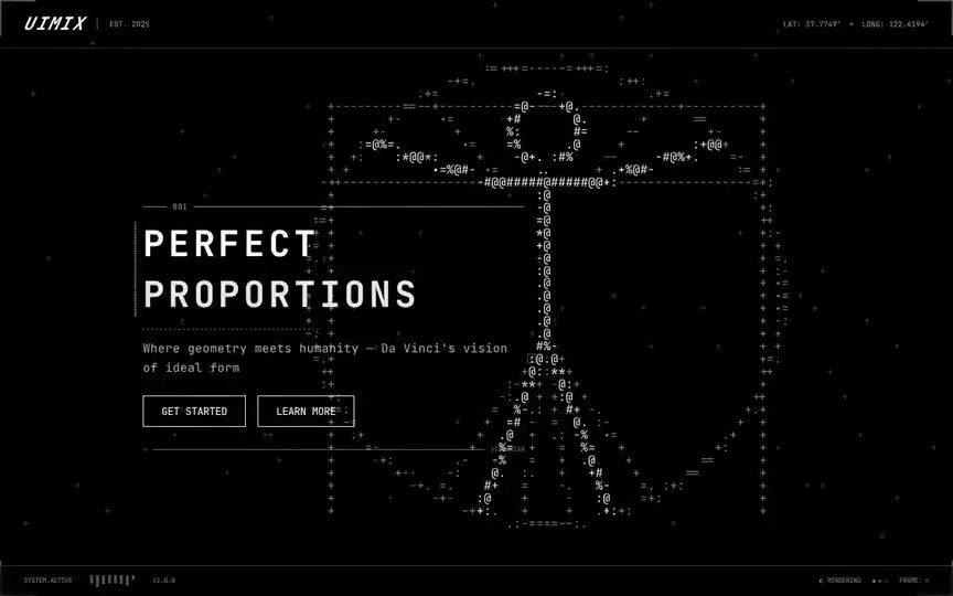 Frame from “Vitruvian Ascii Shader: shadcn/Tailwind v4/TS integration of the prompt's `hero-ascii` "PERFEC” by @pulkitxm