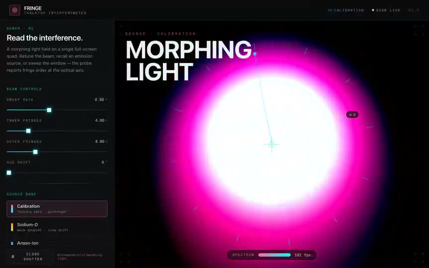Frame from “Morphing Light Shader: Faithful shadcn integration of the brief's verbatim `MorphingLight` Th” by @pulkitxm