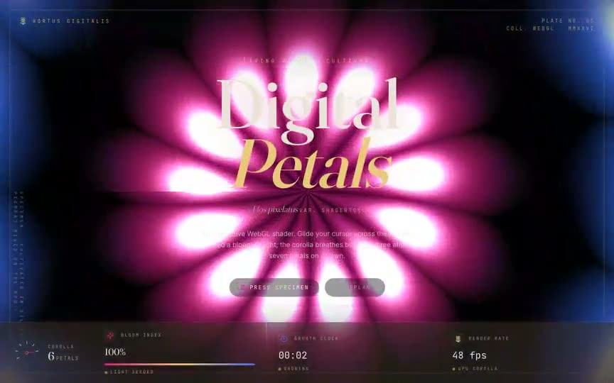 Frame from “Digital Petals Shader: shadcn-style integration of the brief's `DigitalPetalsShader` — a pola” by @pulkitxm