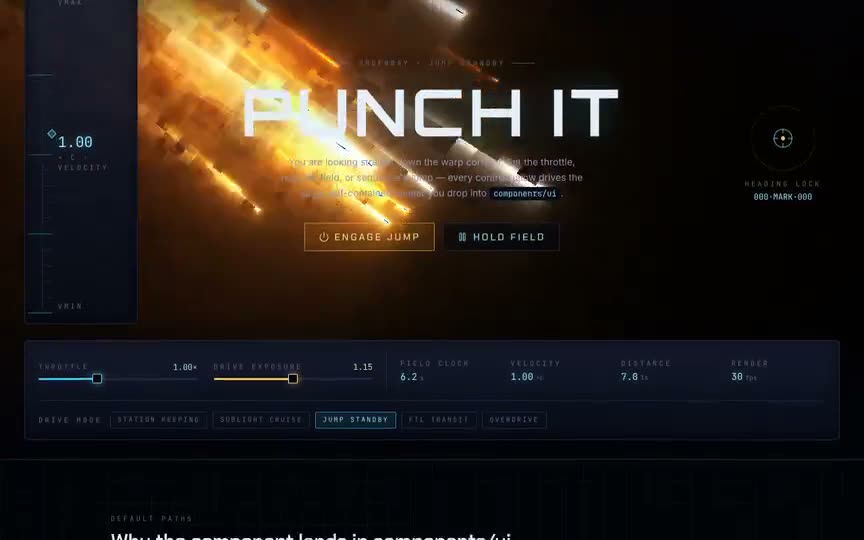 Frame from “Starship Shader: "HELM-9 · FTL Navigation Console" integration of @XorDev's verbatim "S” by @pulkitxm