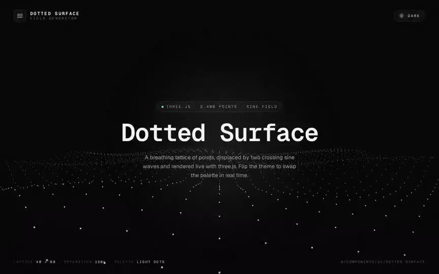 Frame from “Dotted Surface Waves: shadcn/Tailwind v4/TS integration of the verbatim `DottedSurface` comp” by @pulkitxm