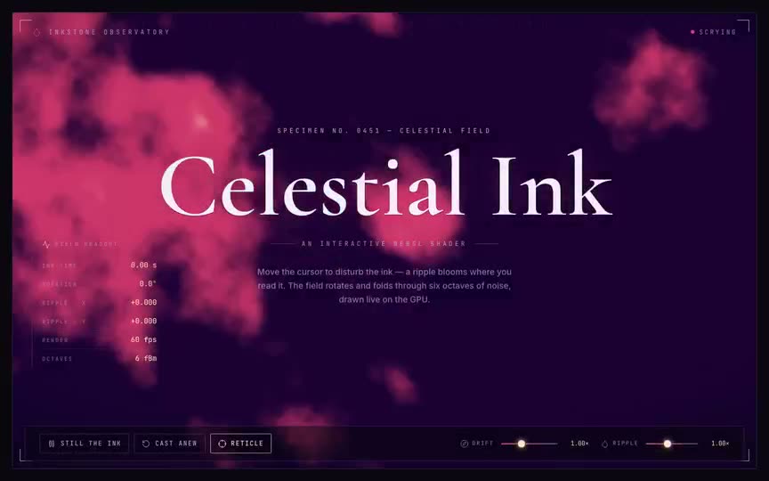 Frame from “Celestial Ink Shader: Verbatim Three.js "Celestial Ink" fragment shader (a rotating six-octa” by @pulkitxm