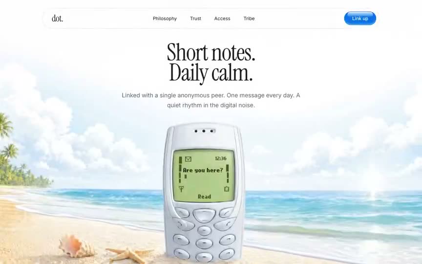 Frame from “Dot Nokia Typing Hero: Single-screen "dot." calm-messaging hero with a full-bleed Nokia-phone” by @pulkitxm