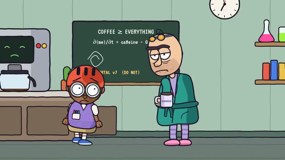 Frame from “Sci-Fi Sitcom Toon — Coffee Run” by @lemomo-ai